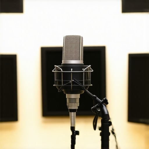Professional voiceover studio with advanced microphone and acoustic treatment