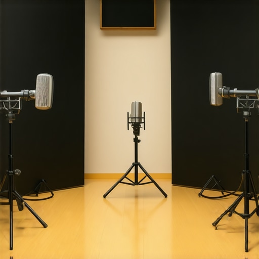 Home studio with acoustic panels and microphone for voiceover recording