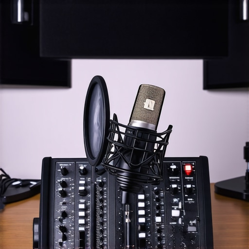 A well-designed podcast studio with acoustic panels, microphone, and audio equipment