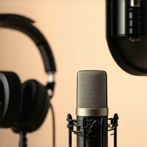 Microphone and studio headphones in a soundproof room