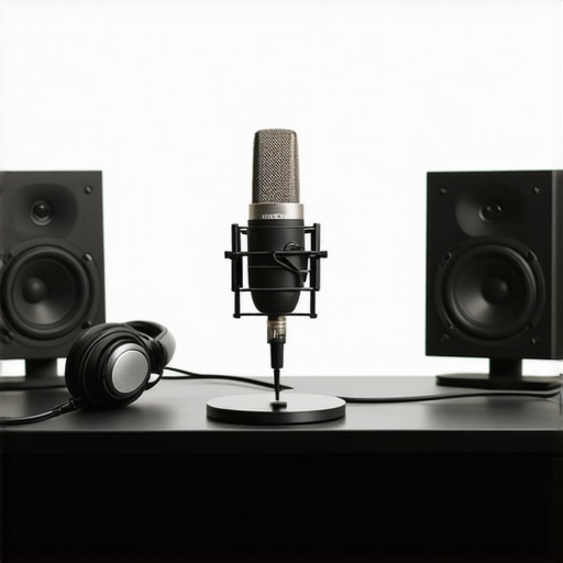A professional home studio with microphone, headphones, and acoustic treatment