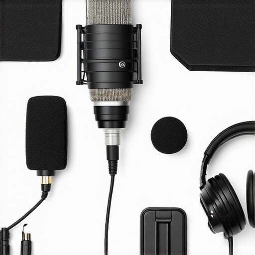 A professional home voiceover studio with microphone, soundproofing panels, and studio headphones.