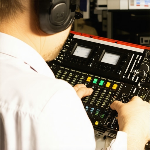 A technician performing maintenance on audio equipment in a studio.
