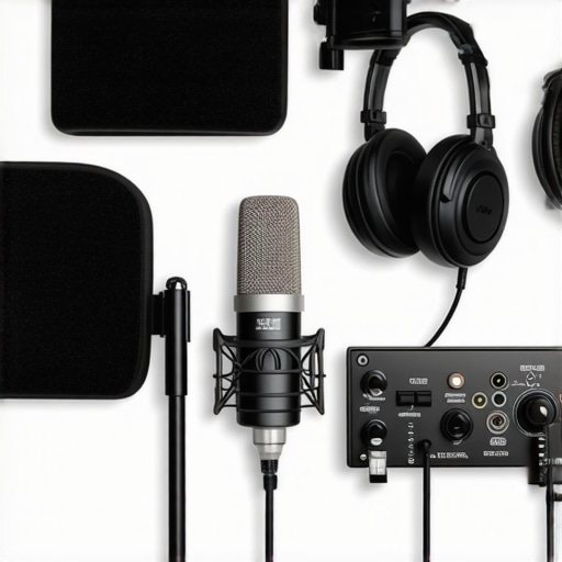 High-quality podcast recording setup with microphone, studio headphones, and audio interface