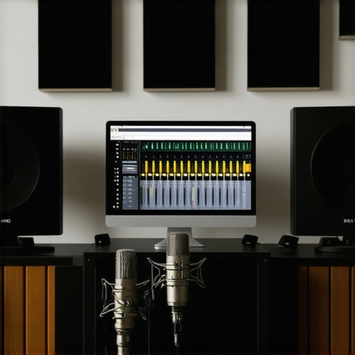 Home voiceover studio with microphone, acoustic treatment, and computer