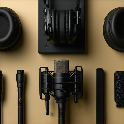 A professional podcast recording setup with audio interface, studio headphones, microphone, and acoustic treatment panels.