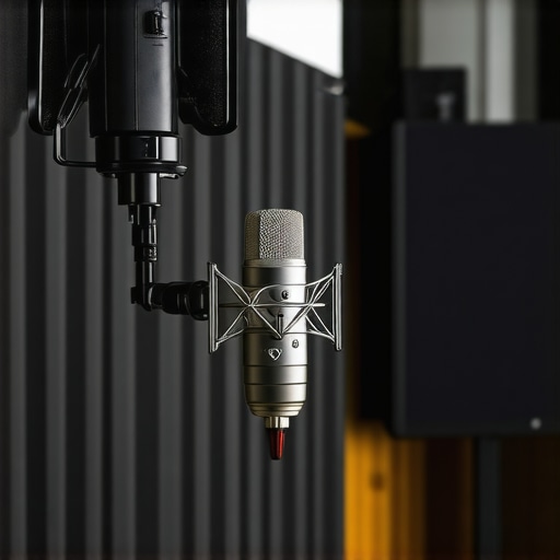 A high-end podcast studio with acoustic treatment and professional equipment.