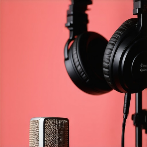 High-quality studio headphones and microphone in a professional recording environment.