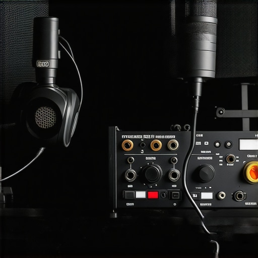 Professional audio recording setup with interface and headphones