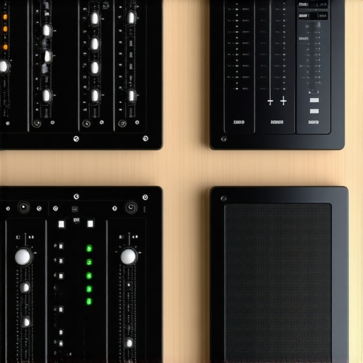 Professional audio interface with colorful LED indicators on a studio desk