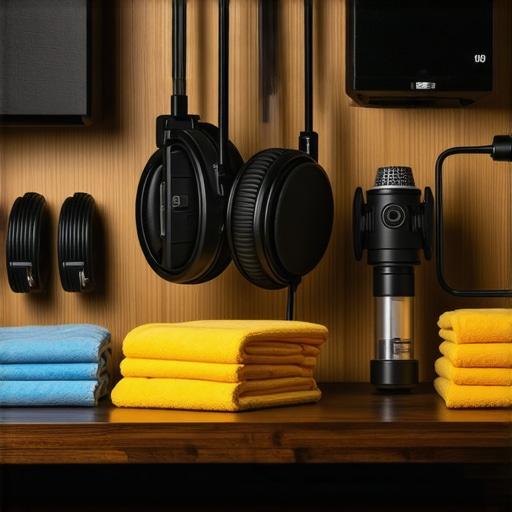 Organized voiceover studio setup with cleaning and maintenance tools neatly arranged.
