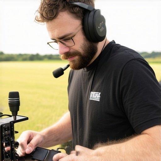 Audio engineer setting up portable recording gear in an outdoor environment.