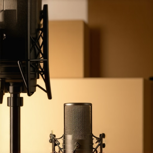 Microphone positioned at mouth level in a sound-treated home studio with acoustic panels