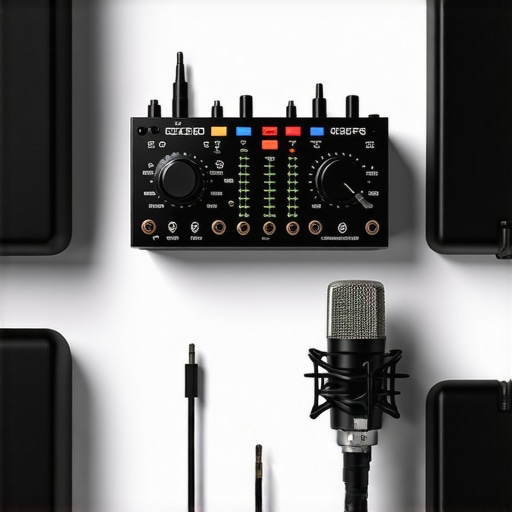 A clean and organized home studio with audio interface, studio headphones, and microphone ready for recording.