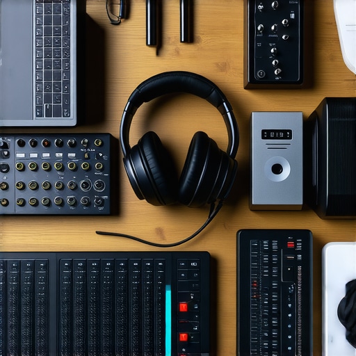 A tidy music recording studio with audio interface, studio headphones, and a computer workspace