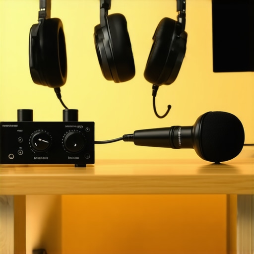 A podcasting workspace featuring an audio interface, studio headphones, and a microphone