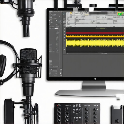 Microphone, audio interface, headphones, and computer for podcast recording