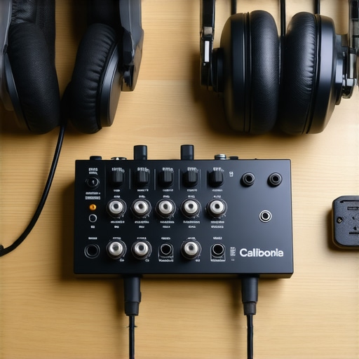 Close-up of audio interface and studio headphones in home studio setup