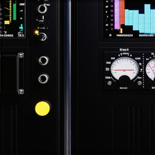 A high-quality audio interface with colorful level meters and studio headphones connected, reflecting a professional recording setup.