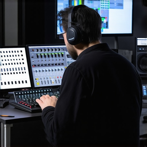 An audio engineer calibrating studio headphones and cleaning audio equipment in a professional home studio.