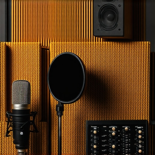 A professional home studio with microphone, acoustic treatment, and audio equipment.