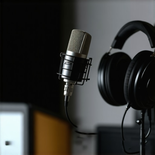 A professional voiceover studio with high-quality microphone, studio headphones, and soundproof panels