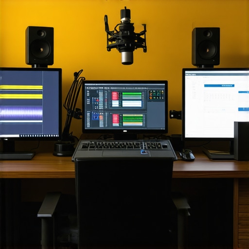 A professional podcast editing workstation with high-quality gear and dual monitors