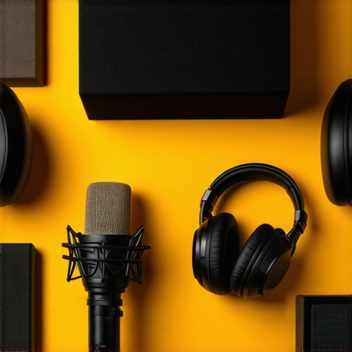 Studio microphone, headphones, and soundproofing in a professional home recording space