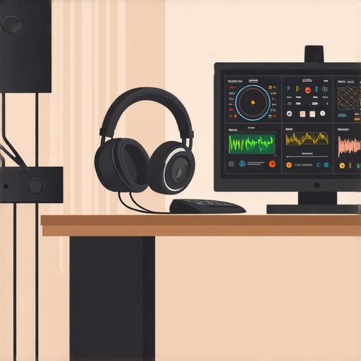 A modern home podcast studio with maintained gear and system health monitors