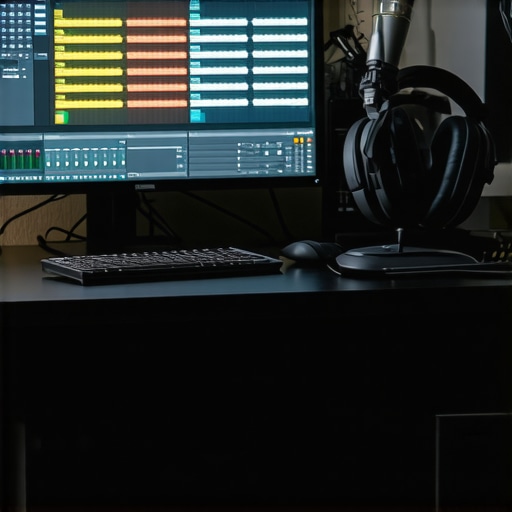 Photo of a professional podcast editing workspace with screen, headphones, and audio equipment