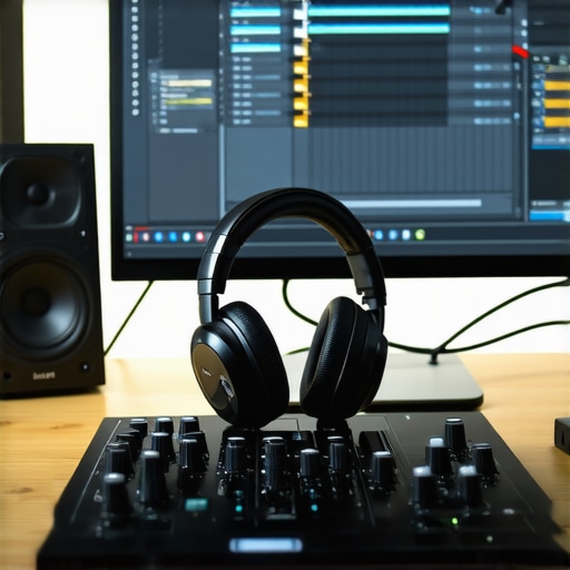Audio interface connected to computer with studio headphones and DAW interface