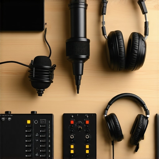 Close-up view of high-quality podcasting gear arranged on a studio desk, illustrating professional maintenance.