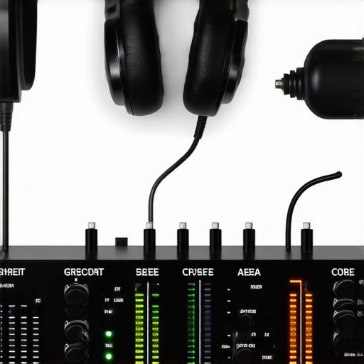 A high-quality audio interface with glowing LEDs connected to studio headphones on a sleek desk.