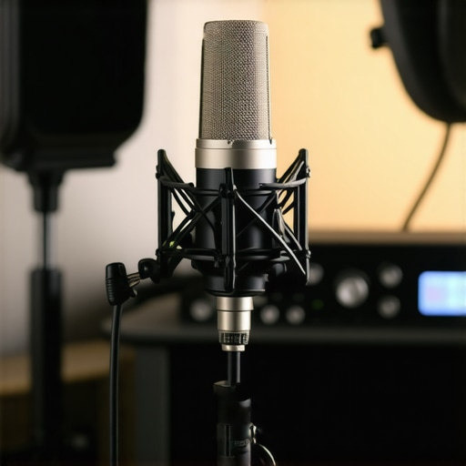 Microphone, headphones, and audio interface in a home studio environment.