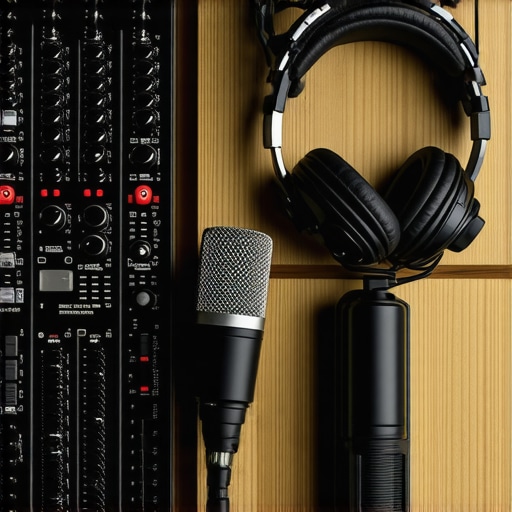 A complete professional voiceover recording setup with microphone, audio interface, and studio headphones