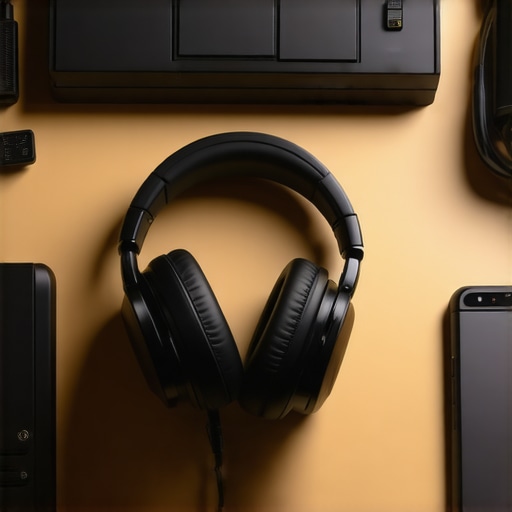 Close-up of premium studio headphones connected to an audio interface with microphone