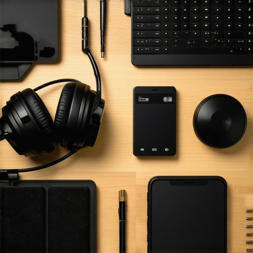 Close-up of studio headphones and audio interface with cleaning tools on a clean desk
