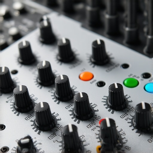 A person turning the gain knob on a high-quality audio interface in a studio