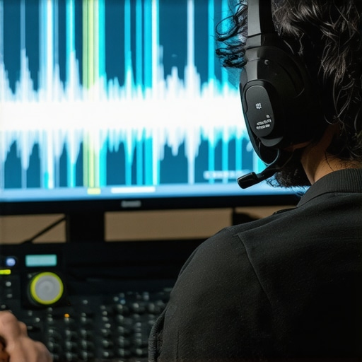 Audio engineer using test tones to adjust headphone phase response with waveform graphs on screen.