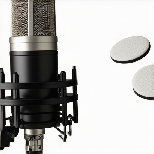 A detailed image showing a microphone secured in a shock mount with vibration pads on a desk, illustrating vibration isolation techniques.