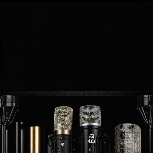 A well-organized professional voiceover studio with high-end microphones, acoustic panels, and audio interface.
