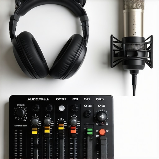 Modern podcast editing workspace with high-quality audio equipment.