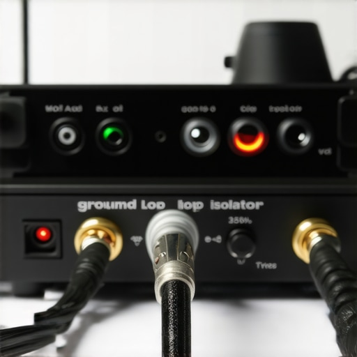 Close-up of audio gear with ground loop isolator and upgraded shielded cables in a professional recording studio