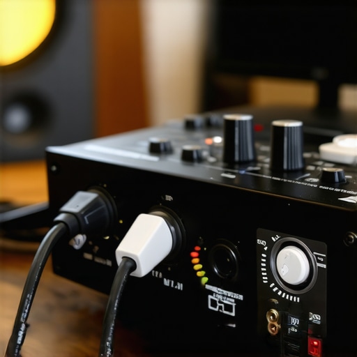 Close-up of a professional audio interface connected with shielded USB cable in a studio environment