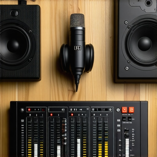 A high-end recording studio setup featuring an audio interface, headphones, and microphone