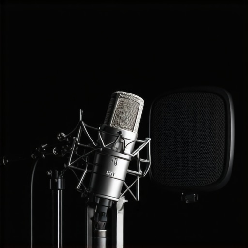 Close-up of a professional voiceover studio featuring microphones and acoustic treatment