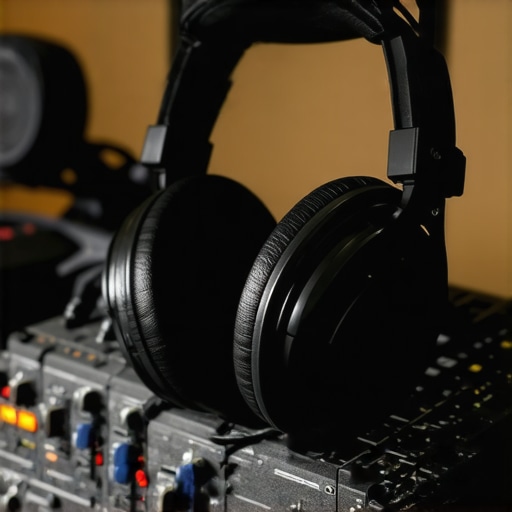 A pair of studio headphones connected to an audio interface on a professional recording setup