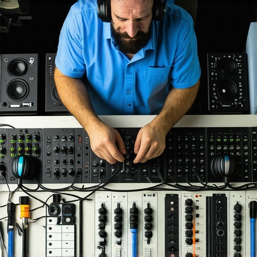 An audio engineer calibrating headphones and checking cables in a well-organized studio environment.