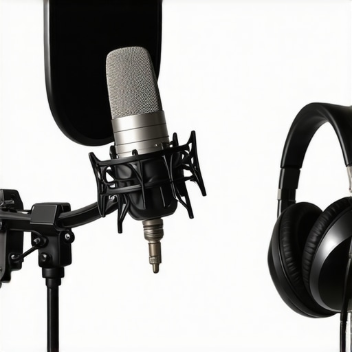 Microphone with pop filter and studio headphones in a recording environment